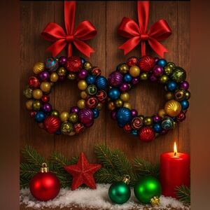 Pair of Mini Jewel-Tone Ornament Wreaths - 8/9"